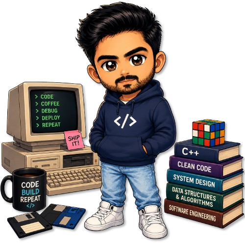 Illustrated portrait of Amrish Khan standing beside developer books and a retro computer